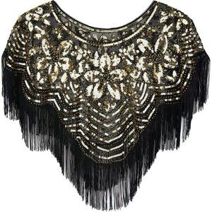 Women's Black Gold 1920s Shawl Sequin Beaded Art Evening Cape Tassel Shawls